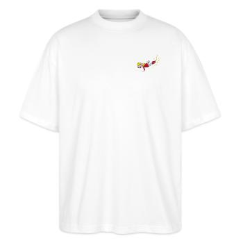 Weihnachtsmann & Co. KG Stickmotiv Elfe - Stanley/Stella Oversized Unisex Bio T-Shirt Blaster 2.0 - Weiß - Vorne - Alina (178cm) & Michal (187cm)