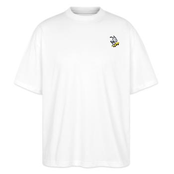 Peanuts Snoopy Auf Skateboard Stickmotiv - Stanley/Stella Oversized Unisex Bio T-Shirt Blaster 2.0 - Weiß - Vorne - Alina (178cm) & Michal (187cm)