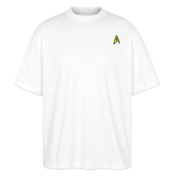 Star Trek The Original Series Besatzung Logo Stick - Stanley/Stella Oversized Unisex Bio T-Shirt Blaster 2.0 - Weiß - Vorne - Alina (178cm) & Michal (187cm)