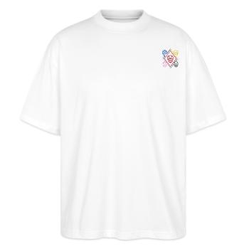Power Rangers Stickmotiv - Stanley/Stella Oversized Unisex Bio T-Shirt Blaster 2.0 - Weiß - Vorne - Alina (178cm) & Michal (187cm)