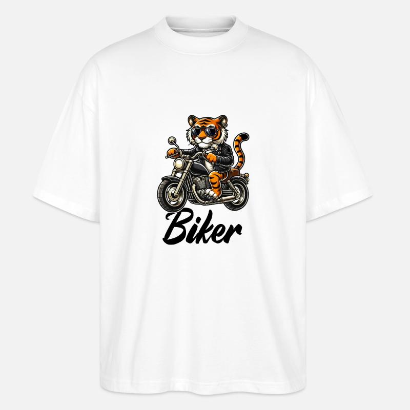 Motorrad Tiger Comic Biker - Stanley/Stella Oversized Unisex Bio T-Shirt Blaster 2.0 - Weiß