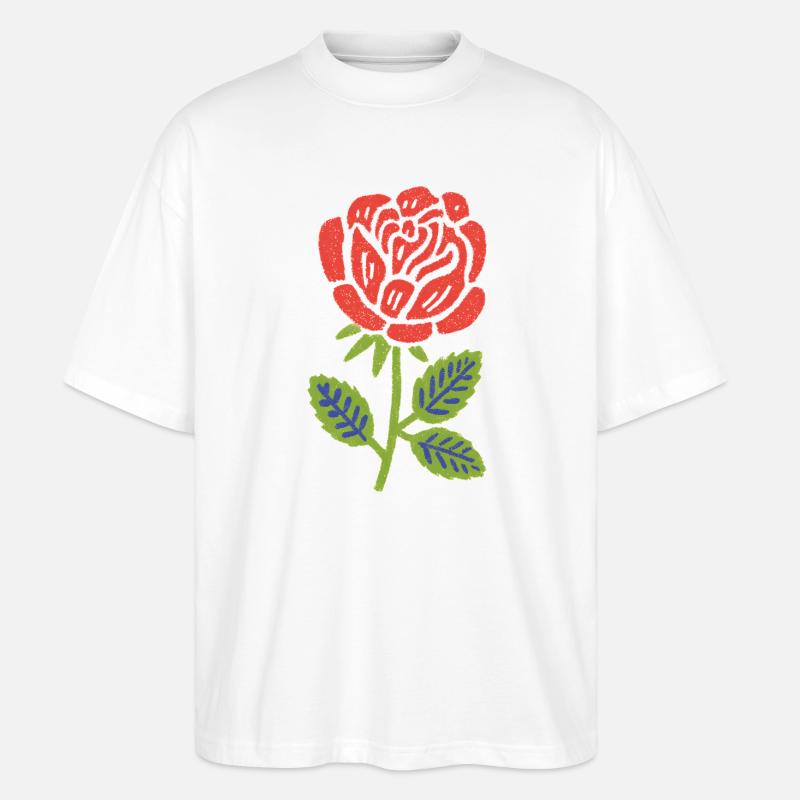 Rote Rose Grafik mit Blättern - Stanley/Stella Oversized Unisex Bio T-Shirt Blaster 2.0 - Weiß