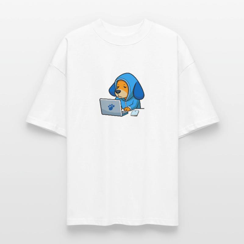 Un chien hacker mignon dort dans un sweat à capuche devant le PC T-shirt bio Blaster 2.0 coupe oversize Stanley/Stella Unisexe