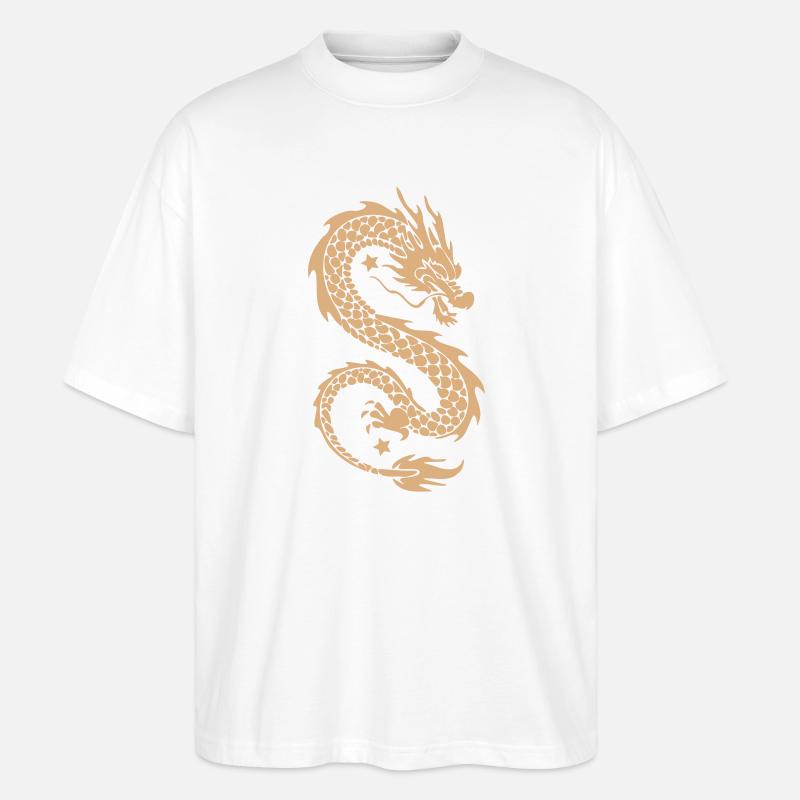 Silhouette dorée du Dragon Céleste - T-shirt bio Blaster 2.0 coupe oversize Stanley/Stella Unisexe - blanc