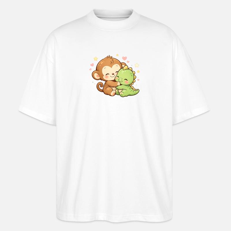 Câlin mignon singe et bébé dinosaure - T-shirt bio Blaster 2.0 coupe oversize Stanley/Stella Unisexe - blanc