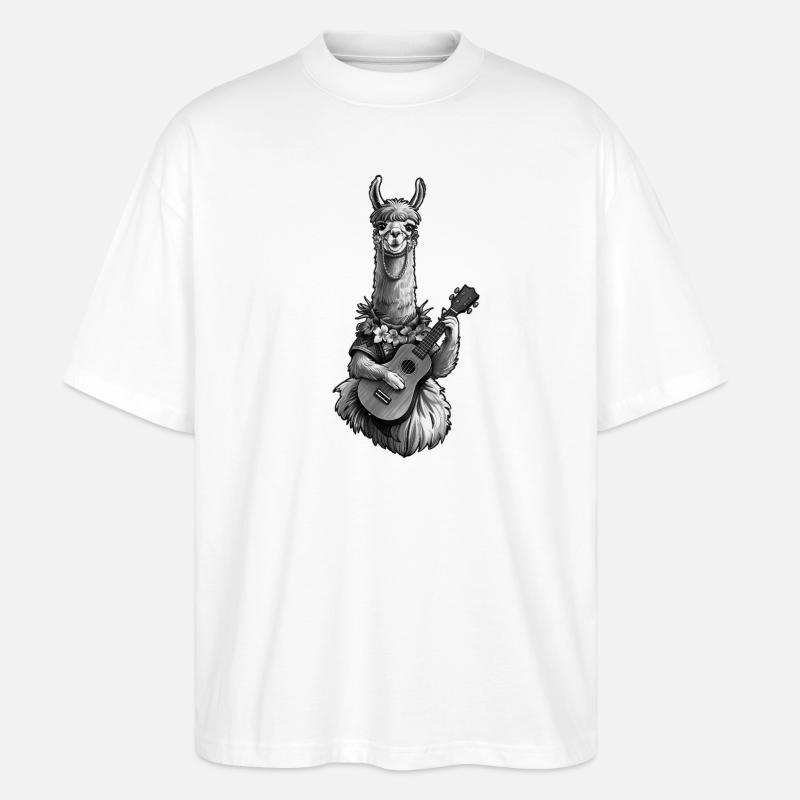 Llama Playing Ukulele - Black White - Stanley/Stella Oversized Unisex Organic T-shirt Blaster 2.0 - white