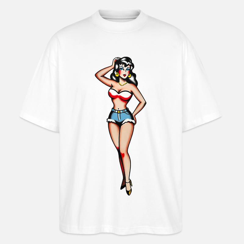 Klassisches Tattoo-Pin-up-Mädchen - Stanley/Stella Oversized Unisex Bio T-Shirt Blaster 2.0 - Weiß