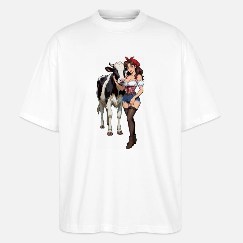 Pinup-Bauernfrau mit Kuh - Stanley/Stella Oversized Unisex Bio T-Shirt Blaster 2.0 - Weiß