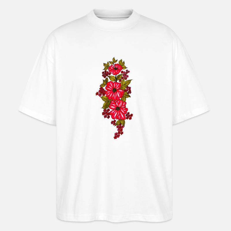 Cascade de fleurs rouges avec des feuilles - T-shirt bio Blaster 2.0 coupe oversize Stanley/Stella Unisexe - blanc
