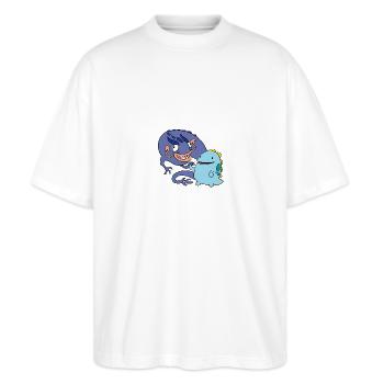 derpy Dragons - Stanley/Stella Oversized Unisex Bio T-Shirt Blaster 2.0 - Weiß - Vorne - Alina (178cm) & Michal (187cm)