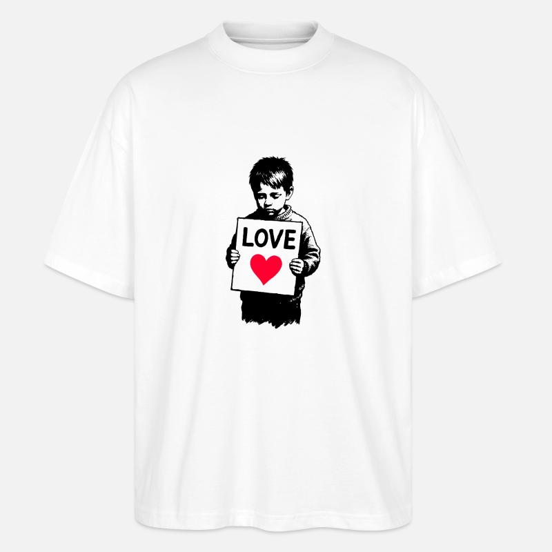Junge mit LOVE Schild - Stanley/Stella Oversized Unisex Bio T-Shirt Blaster 2.0 - Weiß