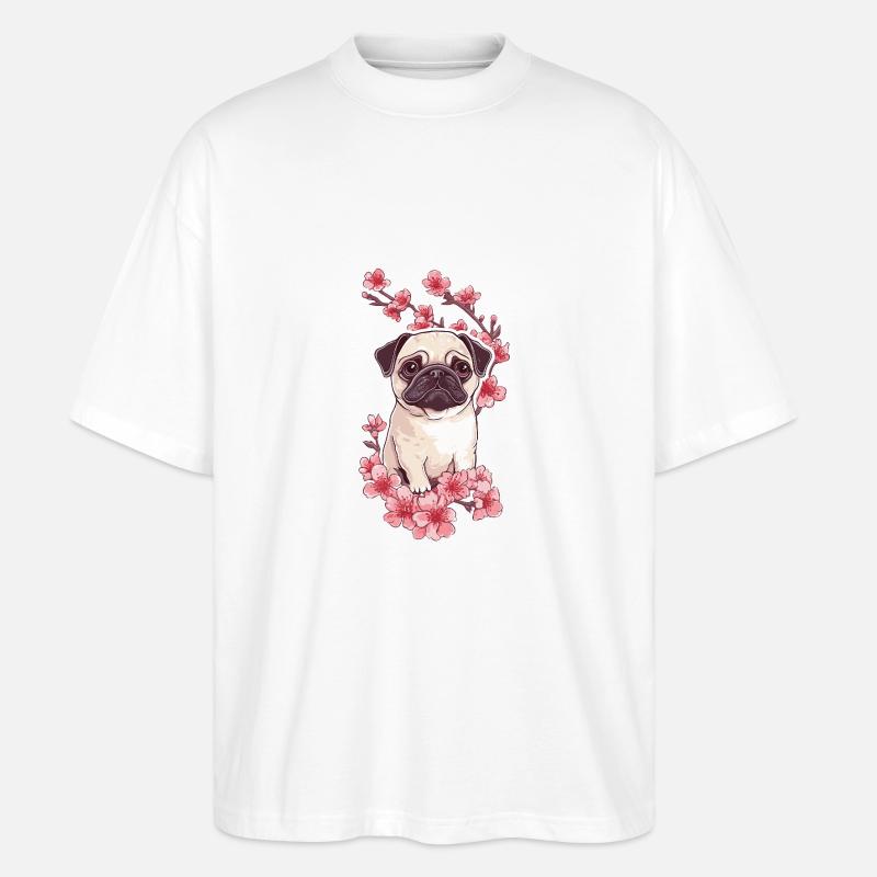 Mops mit Blüten - Stanley/Stella Oversized Unisex Bio T-Shirt Blaster 2.0 - Weiß