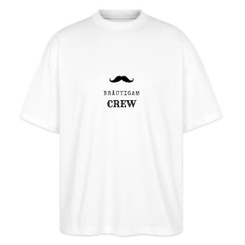 Bräutigam CREW - Stanley/Stella Oversized Unisex Bio T-Shirt Blaster 2.0 - Weiß - Vorne - Alina (178cm) & Michal (187cm)