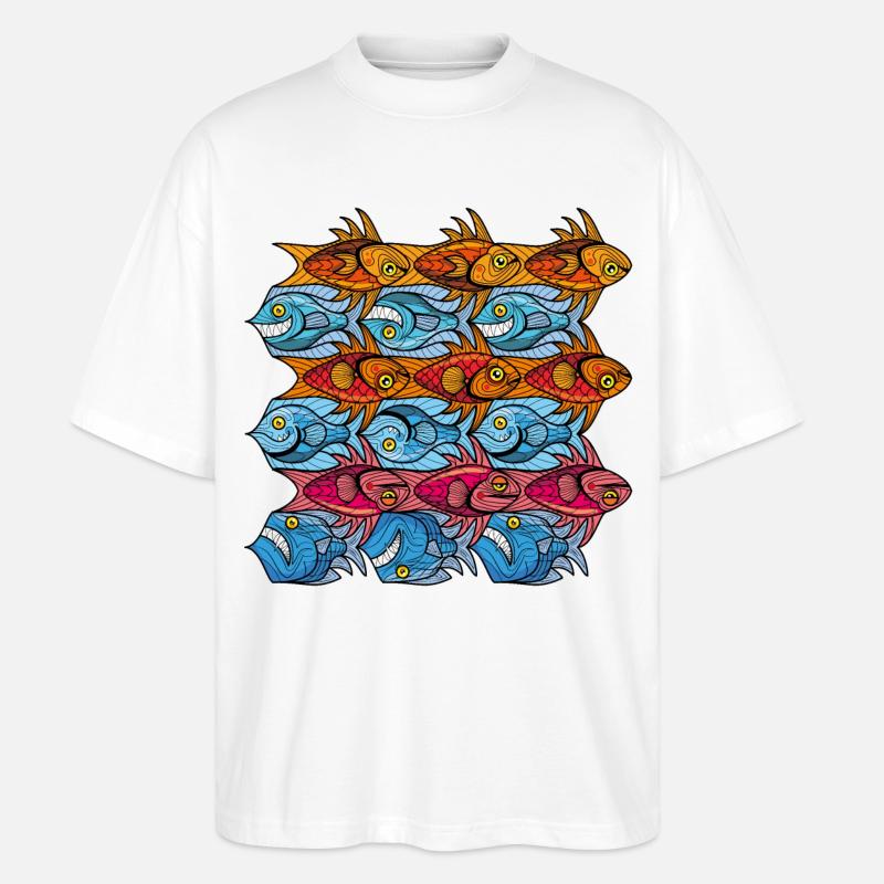 Fische-Tesselation im Escher-Stil in Rotblau - Stanley/Stella Oversized Unisex Bio T-Shirt Blaster 2.0 - Weiß
