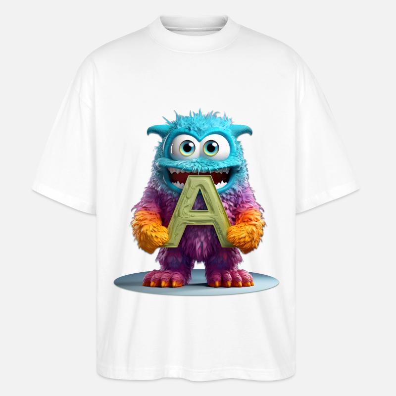 Mehrfarbiges Monster mit Buchstabe A - Stanley/Stella Oversized Unisex Bio T-Shirt Blaster 2.0 - Weiß
