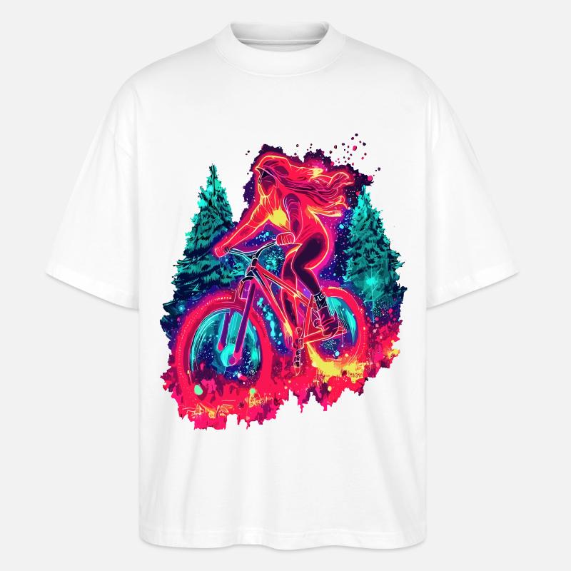 Synthwave Mountainbike Mädchen Waldfahrt - Stanley/Stella Oversized Unisex Bio T-Shirt Blaster 2.0 - Weiß