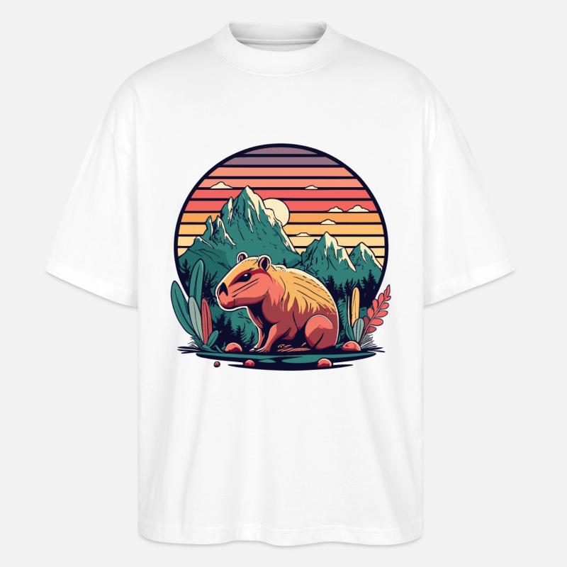 Capybara avec Retro Sunset - T-shirt bio Blaster 2.0 coupe oversize Stanley/Stella Unisexe - blanc