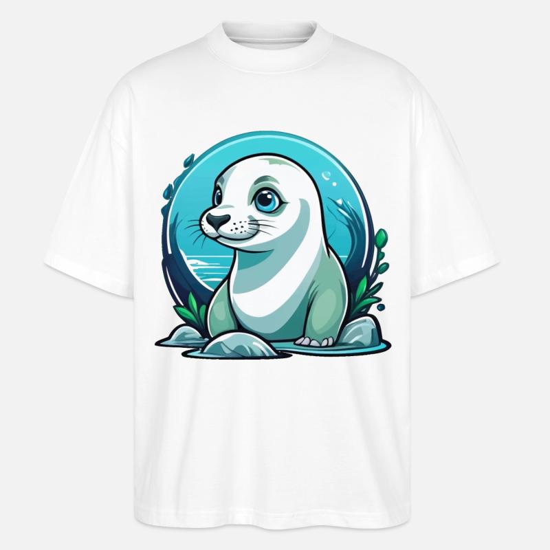 Junge Robbe auf Entdeckertour - Stanley/Stella Oversized Unisex Bio T-Shirt Blaster 2.0 - Weiß