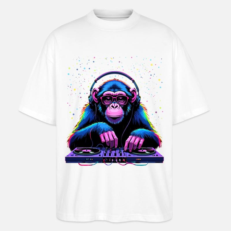 Bunter DJ-Affe mit Kopfhörern und Brille - Stanley/Stella Oversized Unisex Bio T-Shirt Blaster 2.0 - Weiß