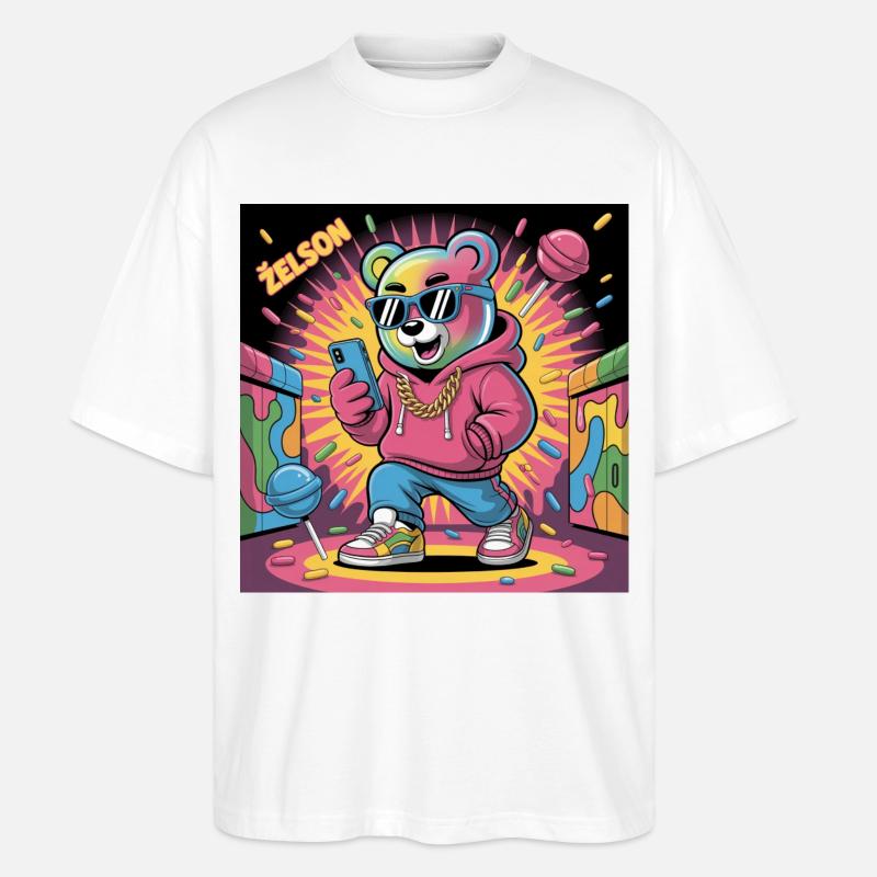 Bunter Bär Rapper Illustration - Stanley/Stella Oversized Unisex Bio T-Shirt Blaster 2.0 - Weiß