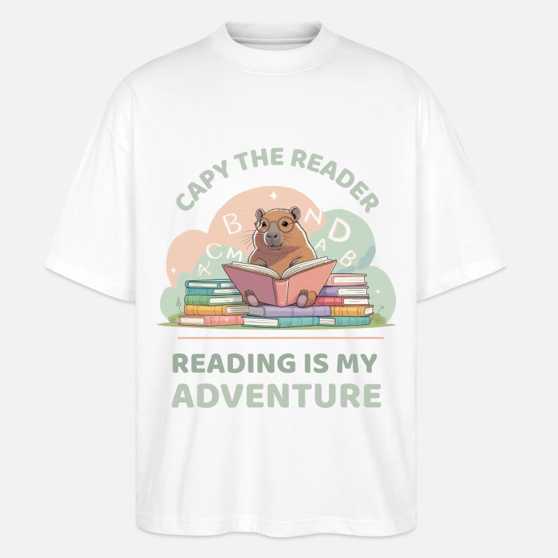 Capybara while reading - Reading adventure - Stanley/Stella Oversized Unisex Organic T-shirt Blaster 2.0 - white