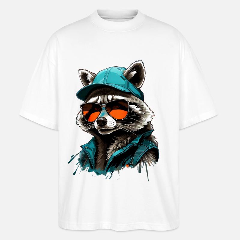 Cooler Waschbär mit Sonnenbrille und Cap - Stanley/Stella Oversized Unisex Bio T-Shirt Blaster 2.0 - Weiß
