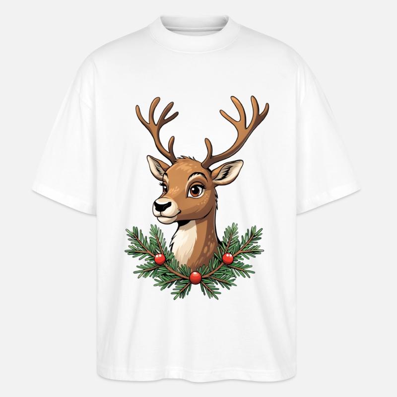 Hirschkopf mit Weihnachtskranz - Stanley/Stella Oversized Unisex Bio T-Shirt Blaster 2.0 - Weiß