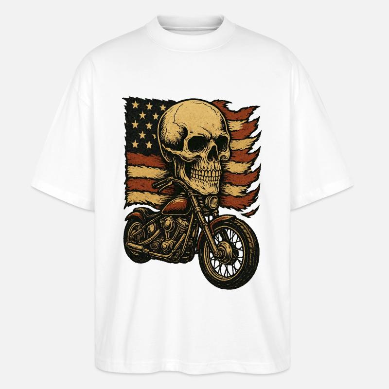 Moto skeleton devant le drapeau américain - T-shirt bio Blaster 2.0 coupe oversize Stanley/Stella Unisexe - blanc