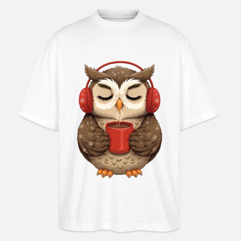 Kuscheleule mit Kopfhörern und Kaffee - Stanley/Stella Oversized Unisex Bio T-Shirt Blaster 2.0 - Weiß