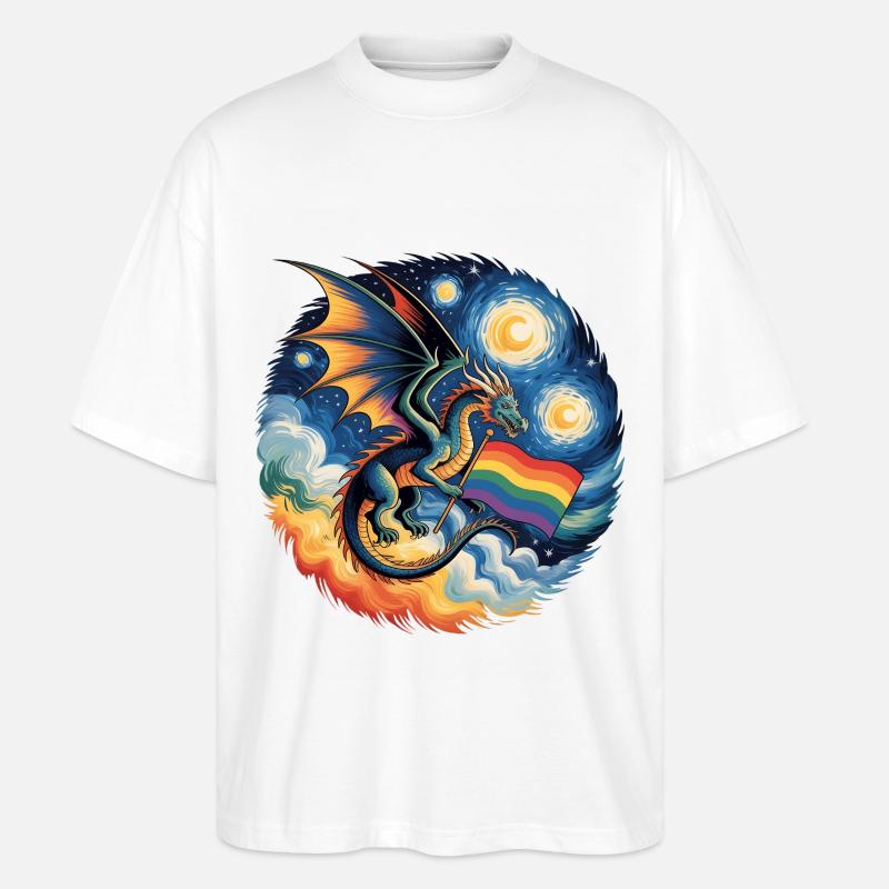 Pridelike Drache mit Regenbogenflagge - Stanley/Stella Oversized Unisex Bio T-Shirt Blaster 2.0 - Weiß
