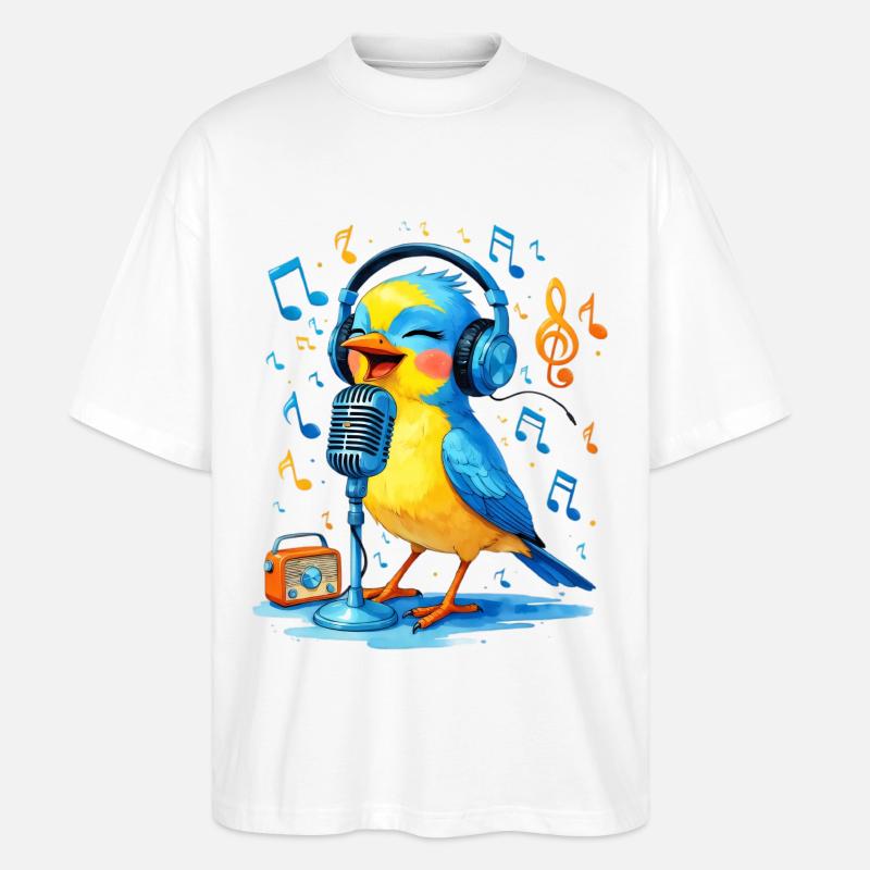 Karaoke Vogel mit Kopfhörern - Stanley/Stella Oversized Unisex Bio T-Shirt Blaster 2.0 - Weiß