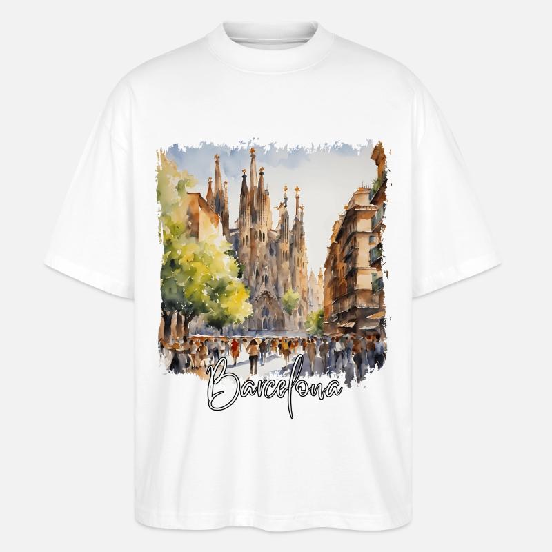 Aquarelle de Barcelone, Barcelone, Espagne - T-shirt bio Blaster 2.0 coupe oversize Stanley/Stella Unisexe - blanc