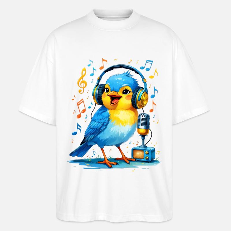 Karaoke Vogel mit Kopfhörern - Stanley/Stella Oversized Unisex Bio T-Shirt Blaster 2.0 - Weiß