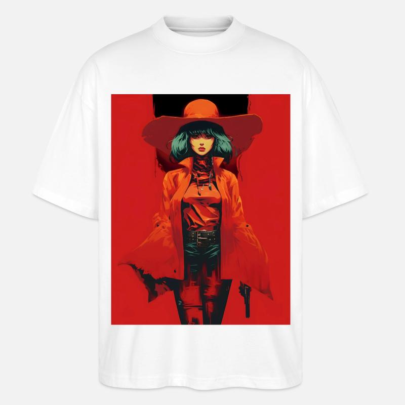 Frau mit Orange Mantel Breiter Hut - Stanley/Stella Oversized Unisex Bio T-Shirt Blaster 2.0 - Weiß
