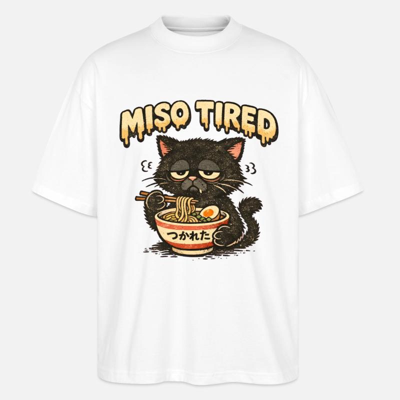 Miso Tired – Müde Katze isst Ramen - Stanley/Stella Oversized Unisex Bio T-Shirt Blaster 2.0 - Weiß