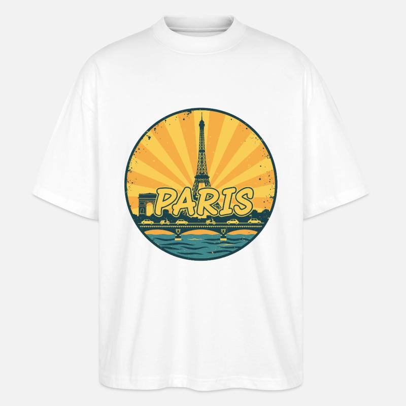 Paris City Skyline Eiffelturm Retro Sonnenuntergangsabzeichen - Stanley/Stella Oversized Unisex Bio T-Shirt Blaster 2.0 - Weiß