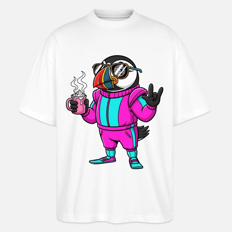 Stylischer Vogel im Ski-Overall mit Kaffee - Stanley/Stella Oversized Unisex Bio T-Shirt Blaster 2.0 - Weiß