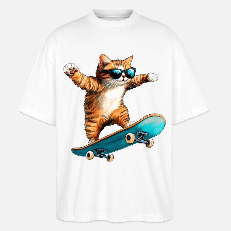 Katze Skater - Stanley/Stella Oversized Unisex Bio T-Shirt Blaster 2.0 - Weiß