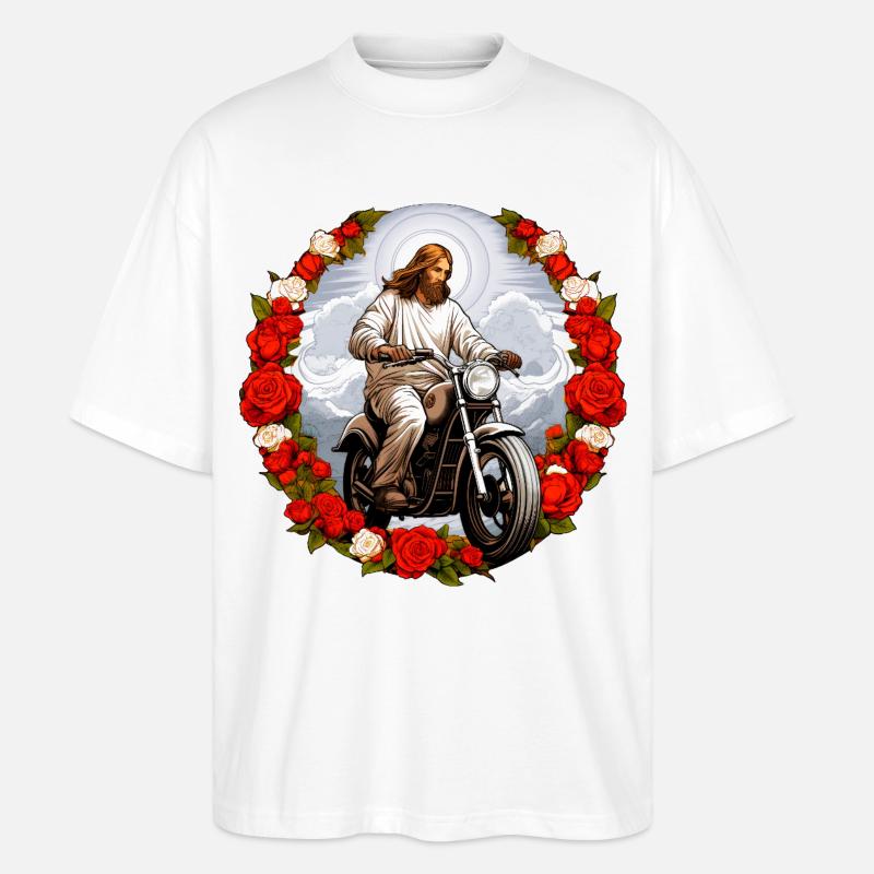 Jesu Motorrad mit Rosen - Stanley/Stella Oversized Unisex Bio T-Shirt Blaster 2.0 - Weiß