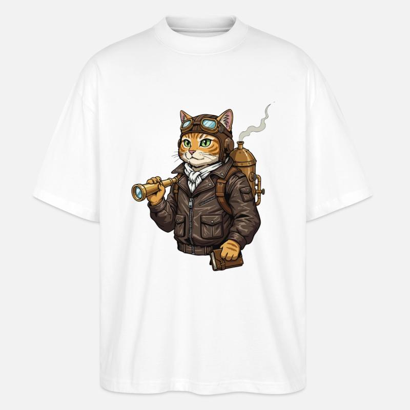 Chat Aviateur Steampunk Explorateur Curiosité - T-shirt bio Blaster 2.0 coupe oversize Stanley/Stella Unisexe - blanc