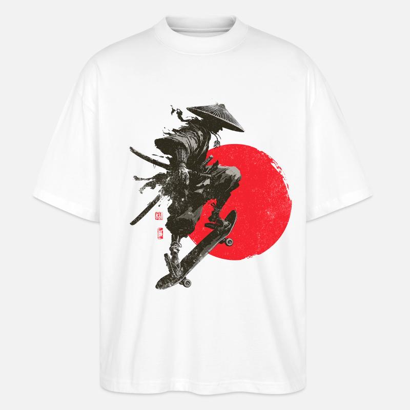 Silhouette eines Samurai-Skaters mit roter Sonne - Stanley/Stella Oversized Unisex Bio T-Shirt Blaster 2.0 - Weiß