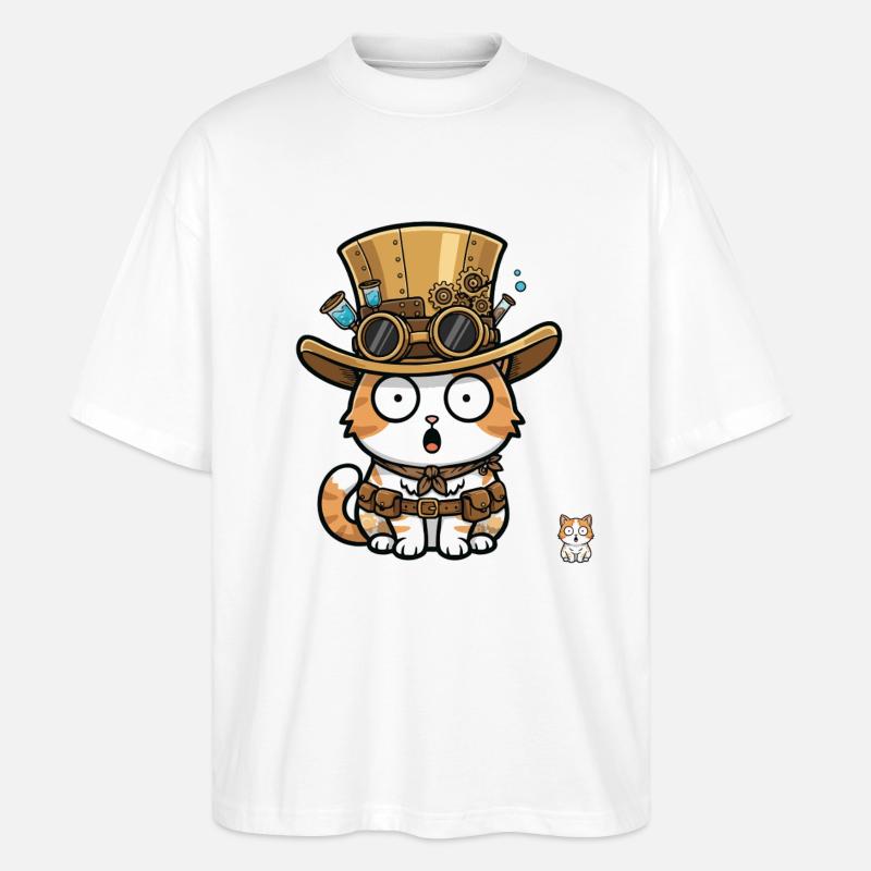Cat Explorer Steampunk Zylinder-Brille - Stanley/Stella Oversized Unisex Bio T-Shirt Blaster 2.0 - Weiß