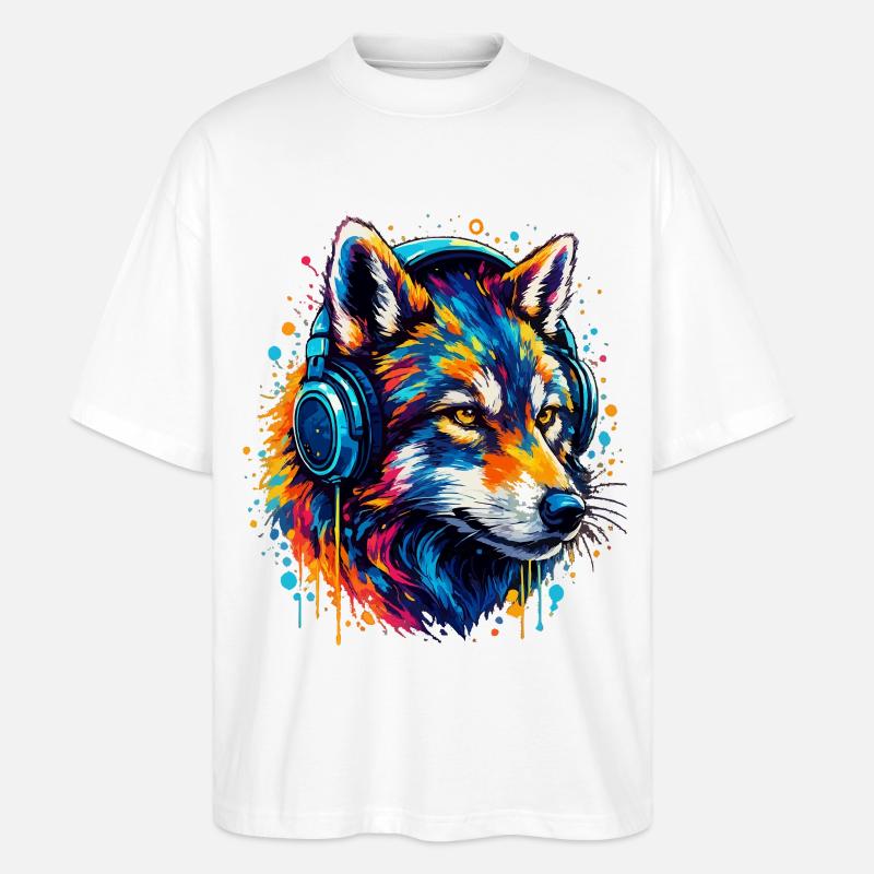 Fuchs mit Neon Kopfhörer Kunst - Stanley/Stella Oversized Unisex Bio T-Shirt Blaster 2.0 - Weiß