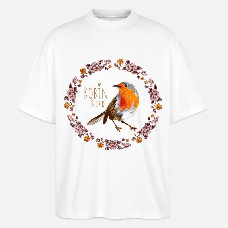 Rotkehlchen Vogel mit botanischen Blumen Design - Stanley/Stella Oversized Unisex Bio T-Shirt Blaster 2.0 - Weiß