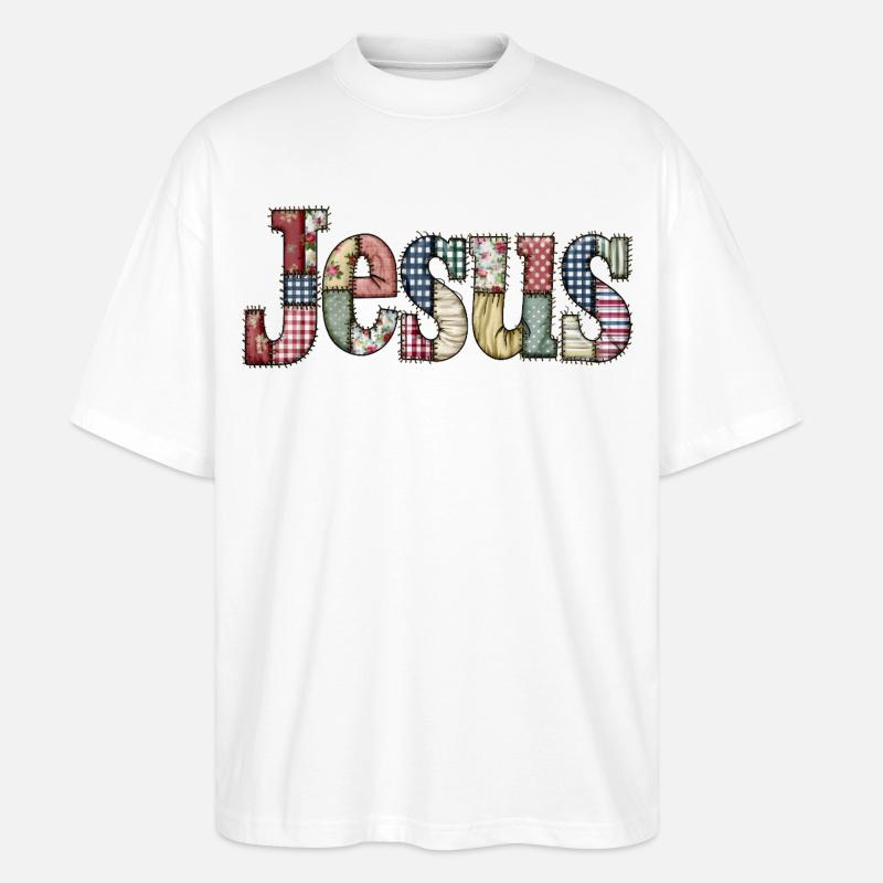 Lettrage Jésus en patchwork - T-shirt bio Blaster 2.0 coupe oversize Stanley/Stella Unisexe - blanc