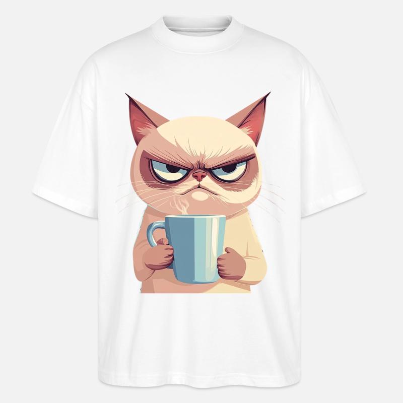 Grumpy-Stil: Grantige Katze mit Kaffee - Stanley/Stella Oversized Unisex Bio T-Shirt Blaster 2.0 - Weiß