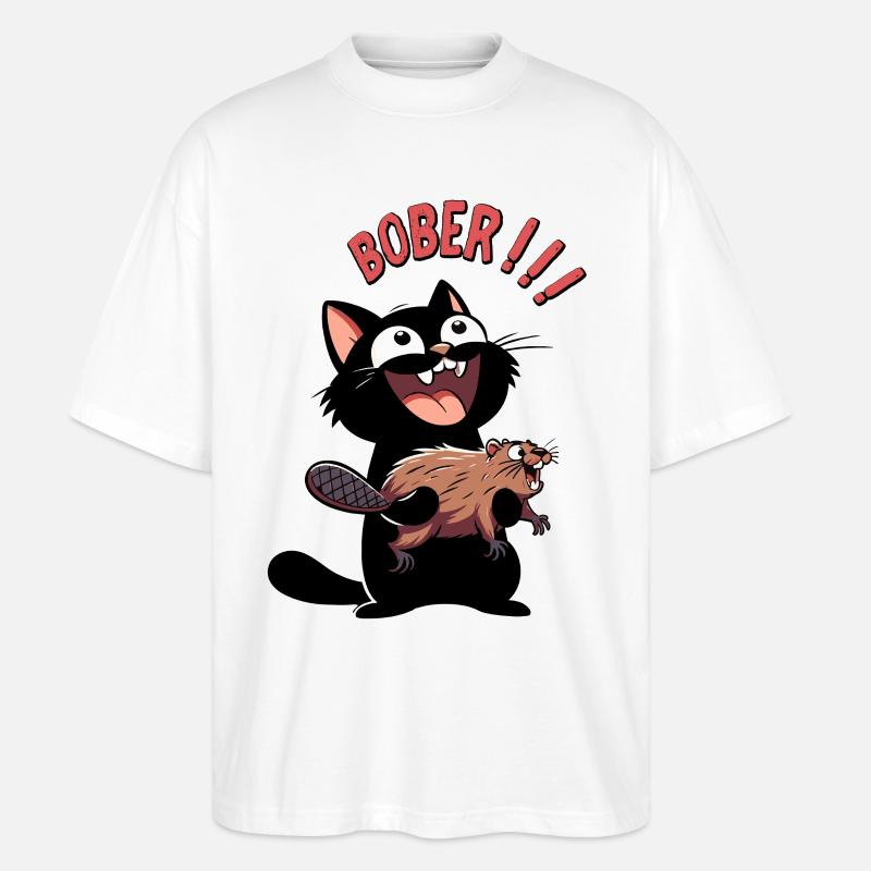 Hyper-Katze ruft „Bober!!!“ – Tierischer Ausraster - Stanley/Stella Oversized Unisex Bio T-Shirt Blaster 2.0 - Weiß