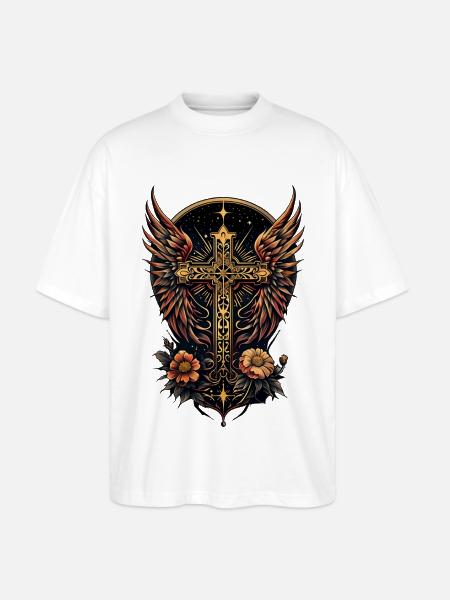 A symbol of strength: The ornate cross with wings - Stanley/Stella Oversized Unisex Organic T-shirt Blaster 2.0 - white
