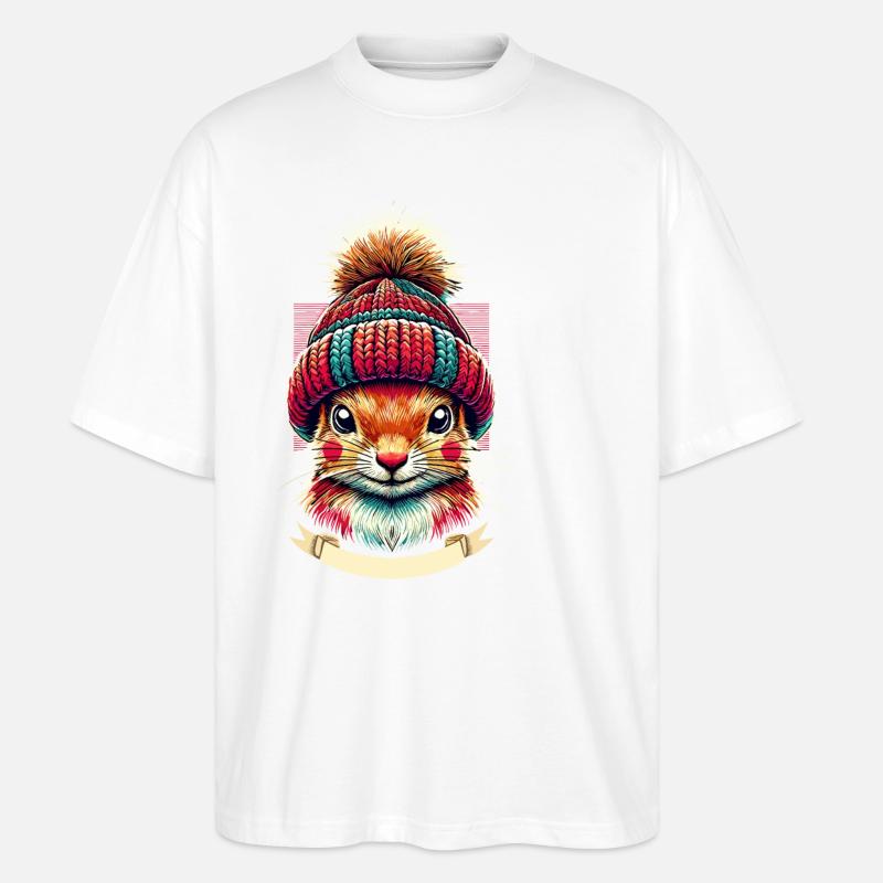 Cheerful squirrel with winter hat - Stanley/Stella Oversized Unisex Organic T-shirt Blaster 2.0 - white