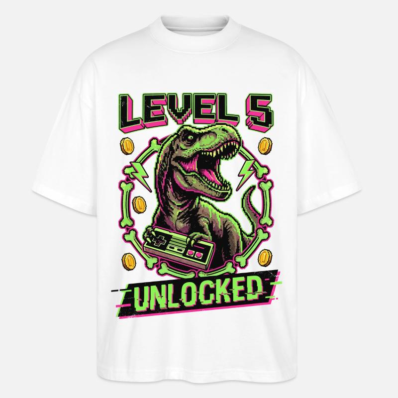 T-Rex débloqué niveau 5 - T-shirt bio Blaster 2.0 coupe oversize Stanley/Stella Unisexe - blanc